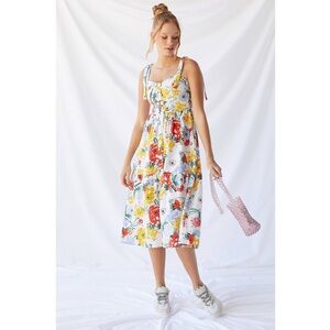 Urban Outfitters Positano Linen Tie Shoulder Floral Button Front Midi Dress Boho